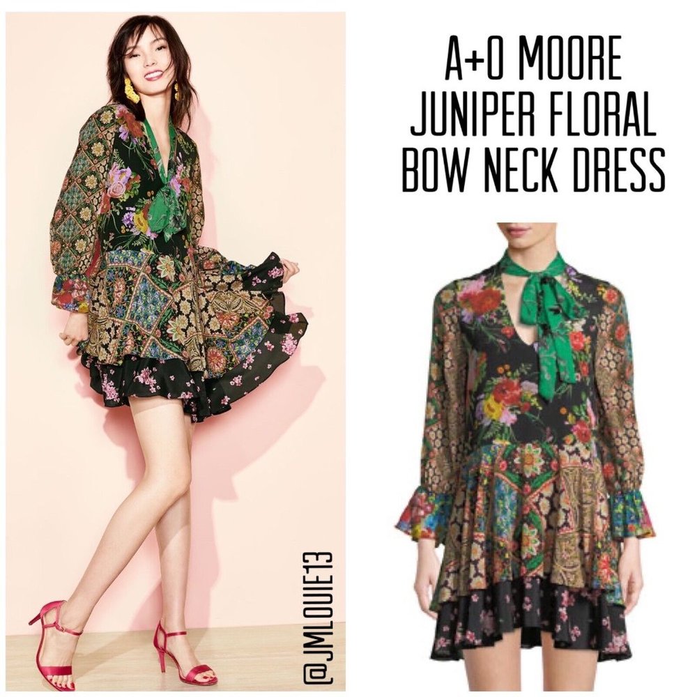 Alice + Olivia Moore Juniper Floral Bow Neck Silk Dress